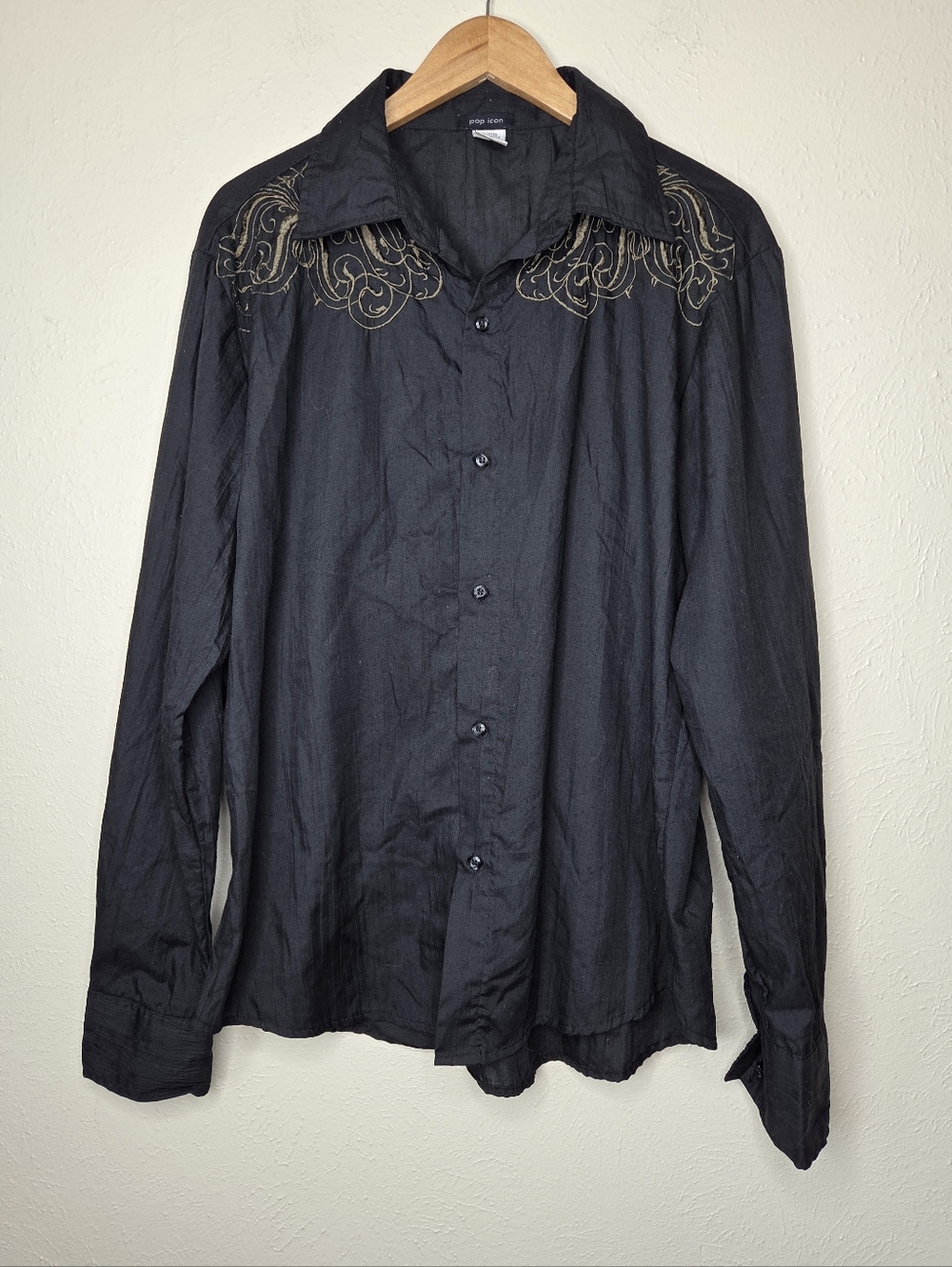 Pop Icon Black Embroidered Button Up Shirt Men’s L Western Rock Y2K Gothic